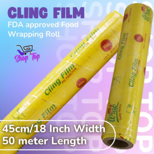 18 Inches (45cm) Wide x 50 Meters Long FDA Approved Cling Film Roll by Shoptop - Food Grade Plastic Wrap for Safe Food Packing, Freezer & Freshness Storage