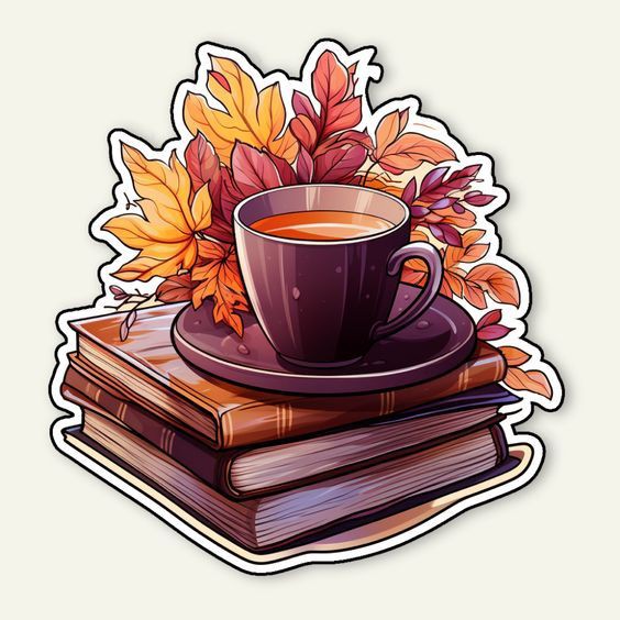 Coffee Cup With Books and Maple Leaves Precut Sticker | A4 size glossy finish sticker